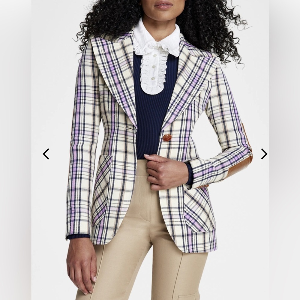 SMYTHE Patch Pocket Birkin Blazer Summer blazer cream & black & pink Plaid sz 2
